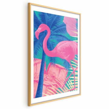 Artgeist Poster - Ružičasti flamingo - Apstraktni flamingo na pozadini palmi i kockica leda