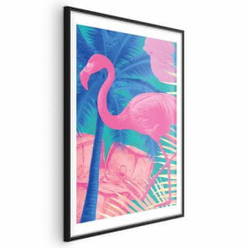 Artgeist Poster - Ružičasti flamingo - Apstraktni flamingo na pozadini palmi i kockica leda
