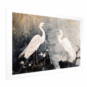 Artgeist Poster - Čaplje i cvjetovi trešnje - ilustracija ptica u orijentalnom stilu