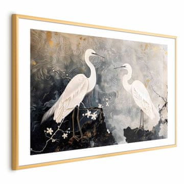 Artgeist Poster - Čaplje i cvjetovi trešnje - ilustracija ptica u orijentalnom stilu