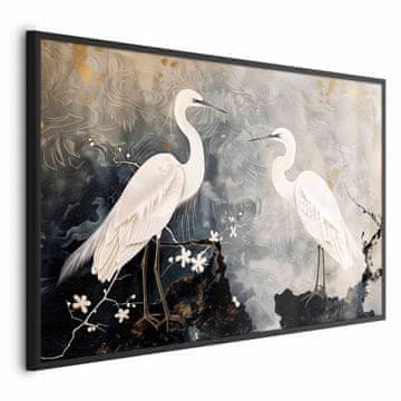Artgeist Poster - Čaplje i cvjetovi trešnje - ilustracija ptica u orijentalnom stilu