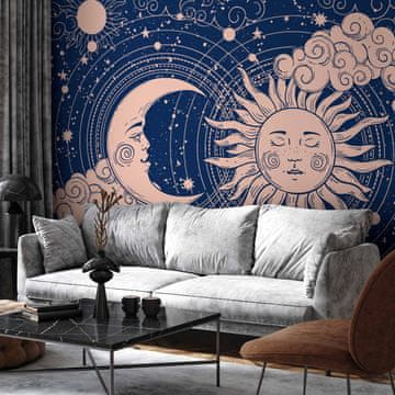 Artgeist Zidni fototapet - Kozmička harmonija - ilustracija sunca i mjeseca na tamnoplavoj pozadini / Noć i dan - elegantan uzorak sunca i mjeseca na tamnoj pozadini