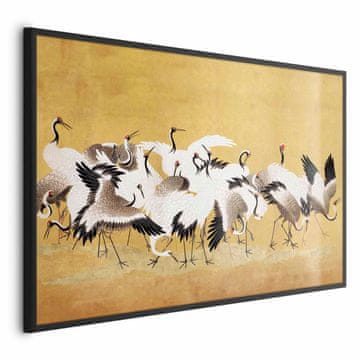 Artgeist Poster - Japanski ždralovi - jato ptica na zlatnoj pozadini, prema slici Ishide Yūteija
