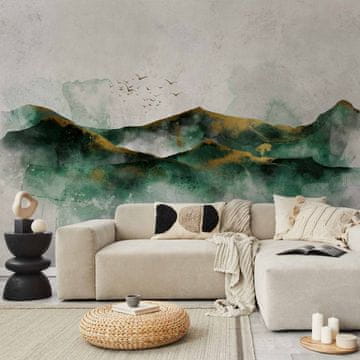 Artgeist Fototapeta - Apstraktni krajolik zelenih planina sa zlatnim uzorcima i pticama