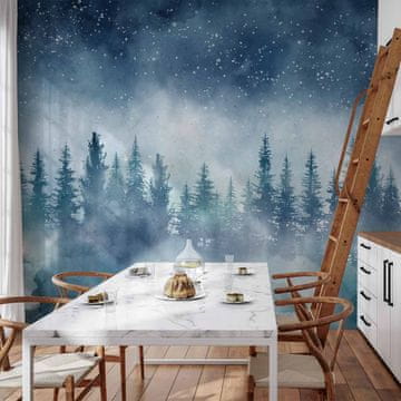 Artgeist Foto tapeta - Noćni krajolik maglovite šume noću sa zvjezdanim nebom