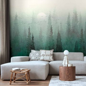 Artgeist Fototapeta - Pogled iz ptičje perspektive - zeleni šumski krajolik s drvećem u magli