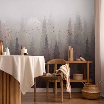 Artgeist Foto tapeta - Ptice lete iznad krošnji drveća - krajolik tamne šume u magli