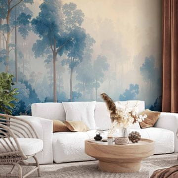 Artgeist Fototapeta - Pejzaž s drvećem u ilustrativnom stilu bajkovite plave šume / Gaj u maglovitim nijansama plave