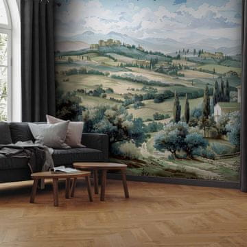 Artgeist Fototapeta - Pejzaž sa zelenim poljima i drvećem, toskanski sunčani pogled / Pejzaž sa sunčanim zelenim poljima
