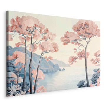 Artgeist Slika - Pejzaž s oceanskim liticama i drvećem u nježnim ružičastim bojama / Oceanske litice i drveće, nježni motiv u pastelnim bojama
