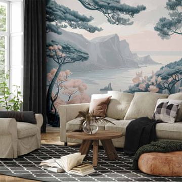 Artgeist Fototapeta - Planinska obala s drvećem i stijenama u svijetloj pastelnoj plavoj boji / Plava obala u mekim bojama
