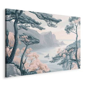 Artgeist Slika - Planinska obala s drvećem i stijenama u svijetlim pastelnim plavim tonovima / Plava obala u mekim bojama