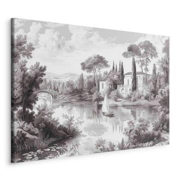 Artgeist Slika - Crno-bijeli vintage krajolik retro pogled na ribnjak s brodom / Crno-bijeli vintage krajolik s ribnjakom