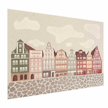 Artgeist Poster - Šarene fasade - povijesne stambene kuće u Wrocławu naspram neba i popločane ulice