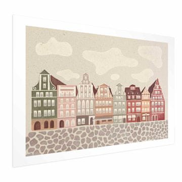 Artgeist Poster - Šarene fasade - povijesne stambene kuće u Wrocławu naspram neba i popločane ulice