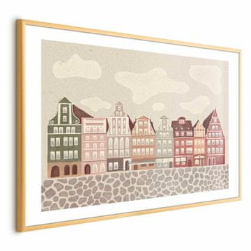Artgeist Poster - Šarene fasade - povijesne stambene kuće u Wrocławu naspram neba i popločane ulice