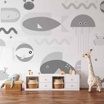 Artgeist Foto tapeta - Minimalistički sivi ocean - geometrijske ribe u vodi za djecu