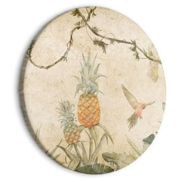 Artgeist Okrugla slika - Tropi u prigušenim bojama - Papige i ananas među bujnom egzotičnom vegetacijom u nježnim nijansama zelene/Papige u džungli