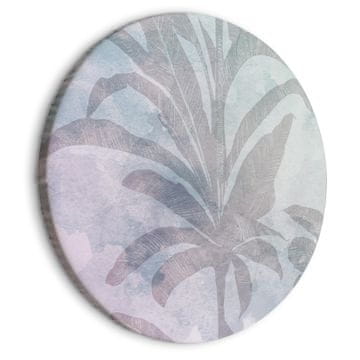 Artgeist Okrugla slika - Palme u magli - Palme među pastelnim oblacima u ljubičastim i celadon tonovima/Maglovit trop