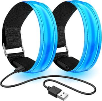 Nikcorp LED traka za trčanje na baterije, 2 komada plava, podesiva reflektirajuća narukvica USB punjenje, čičak, za zapešće gležanj ruku 27,9–33 cm