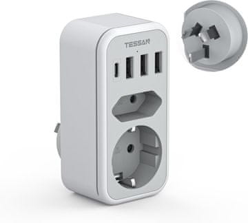 Nikcorp Putni adapter TESSAN 6u1 Type I 1 Schuko i 1 Euro utičnica 4 USB 1 USB-C 15 W 3×USB-A 12 W 2,4 A 2500 W 5,4×7,6×10,7 cm 145 g za Australiju i Novi Zeland