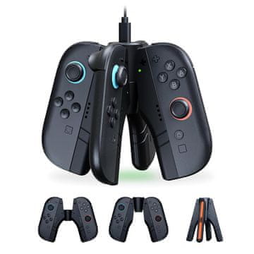 Nikcorp Punjačka ručka 4-u-1 dodatak za Nintendo Switch punjačka stanica za Joy-Con 2 USB-C za do 4 kontrolera LED indikator punjenje i igranje modularna konstrukcija 200 mA