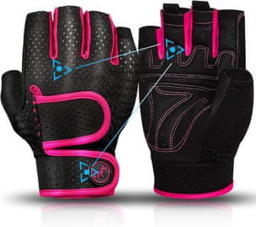 Nikcorp Trening rukavice za fitness kalisteniku SBR gel podstava 3 mm, prozračna elastična mrežica, frotir na palcu, Easy-Off kuke, produženi remen za zapešće, ružičaste S