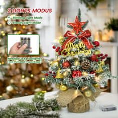 Nikcorp Mini umjetna božićna jelka LED 45 cm crvena PVC izdržljive iglice efekt umjetnog snijega stabilna baza od jute dekor set kuglice bobice šišarke zvončići mašne zvijezda i pločica Merry Christmas
