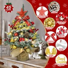 Nikcorp Mini umjetna božićna jelka LED 45 cm crvena PVC izdržljive iglice efekt umjetnog snijega stabilna baza od jute dekor set kuglice bobice šišarke zvončići mašne zvijezda i pločica Merry Christmas
