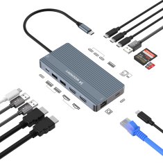 WOZINSKY 14u1 HUB za 3 monitora USB-A USB-C DisplayPort HDMI RJ45 SD TF mini priključak - sivi