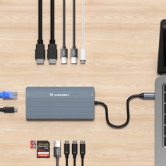 WOZINSKY 14u1 HUB za 3 monitora USB-A USB-C DisplayPort HDMI RJ45 SD TF mini priključak - sivi
