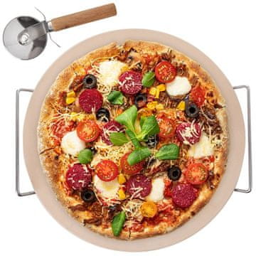 Orion Kamen za pizzu od šamotne gline s postoljem i nožem, 3 komada.