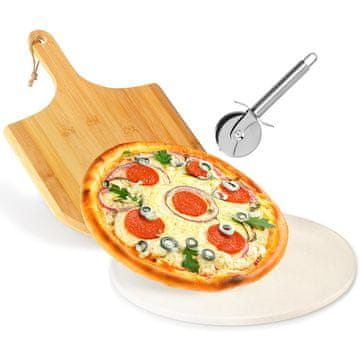 Vilde Kamen za pizzu od šamotne gline s lopatom i nožem, 3 komada.
