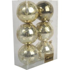 Set od 6 plastičnih kuglica s dekorom 8 cm, zlatna boja