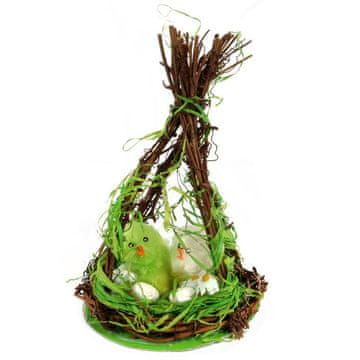 Uskrsna dekoracija - kokoške s jajima u šaši od grančica 18 cm