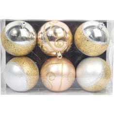 Set od 6 plastičnih kuglica srebrno-zlatnih s brokatnim dekorom, 8 cm