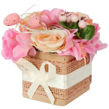 Uskrsni flower box s ružičastim jajima i umjetnim cvijećem