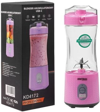 Nikcorp Prijenosni bežični blender KD4172, 380ml, ružičasti, 20000 o/min, USB-C punjenje, 6000mAh baterija, PCTG posuda, nehrđajući čelik 304 oštrice, idealan za smoothie i proteinske napitke, uključuje 50