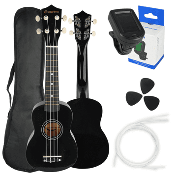 Mo UK21 SET BK sopran ukulele 21" crna drvena kutija 3 trzalice rezervne žice set za učenje štimera za djecu