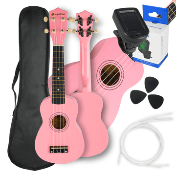 Mo UK21 SET PK sopran ukulele 21" ružičasta drvena kutija 3 trzalice rezervne žice set za učenje štimera za djecu