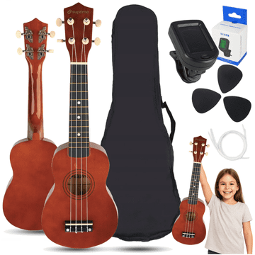 Mo UK21 SET DW sopran ukulele 21" tamna drvena kutija 3 trzalice rezervne žice set za učenje štimera za djecu