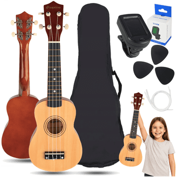 Mo UK21 SET NW sopran ukulele 21" prirodna drvena kutija 3 trzalice rezervne žice set za učenje štimera za djecu