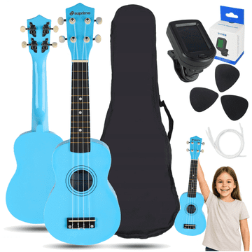 Mo UK21 SET LB sopran ukulele 21" plava drvena kutija 3 trzalice rezervne žice set za učenje štimera za djecu