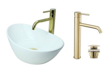 DE Aufsatzwaschbecken 55 cm Glanz Set mit Waschtischbatterie und Stopfen - Aufsatzwaschbecken Oval für Badezimmer - Modern Waschbecken ohne Hahnloch - Waschbecken mit Armature