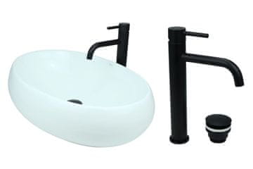 DE Aufsatzwaschbecken 60 cm Glanz Set mit Waschtischbatterie und Stopfen - Aufsatzwaschbecken Oval für Badezimmer - Modern Waschbecken ohne Hahnloch - Waschbecken mit Armature