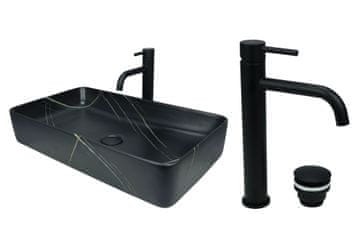 DE Aufsatzwaschbecken 61 cm Matt Set mit Waschtischbatterie und Stopfen - Aufsatzwaschbecken Rechteckiges für Badezimmer - Modern Waschbecken ohne Hahnloch - Waschbecken mit Armature