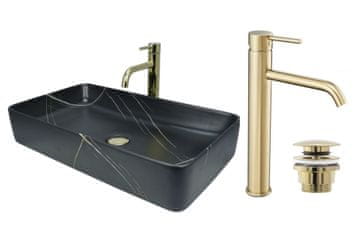 DE Aufsatzwaschbecken 61 cm Matt Set mit Waschtischbatterie und Stopfen - Aufsatzwaschbecken Rechteckiges für Badezimmer - Modern Waschbecken ohne Hahnloch - Waschbecken mit Armature