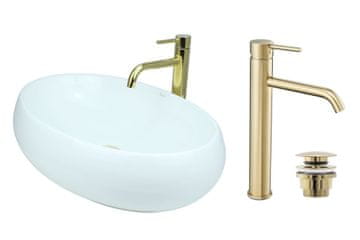 DE Aufsatzwaschbecken 60 cm Glanz Set mit Waschtischbatterie und Stopfen - Aufsatzwaschbecken Oval für Badezimmer - Modern Waschbecken ohne Hahnloch - Waschbecken mit Armature