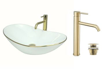 DE Aufsatzwaschbecken 62 cm Glanz Set mit Waschtischbatterie und Stopfen - Aufsatzwaschbecken Oval für Badezimmer - Modern Waschbecken ohne Hahnloch - Waschbecken mit Armature