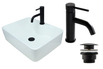 DE Aufsatzwaschbecken 41 cm Glanz Set mit Waschtischbatterie und Stopfen - Aufsatzwaschbecken Rechteckiges für Badezimmer - Modern Waschbecken ohne Hahnloch - Waschbecken mit Armature